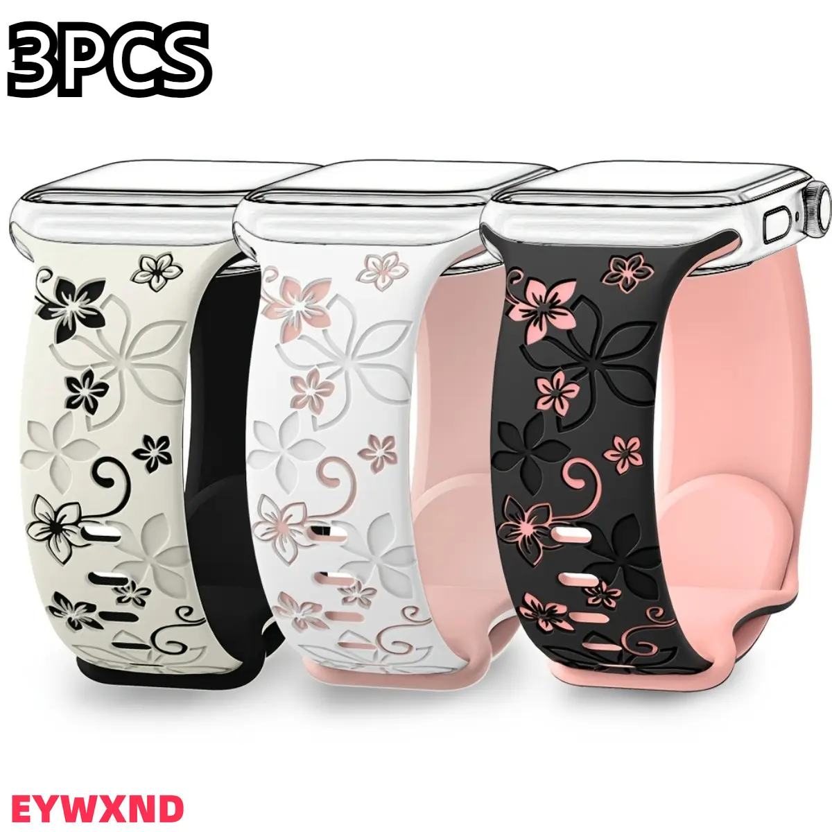 3PCS EYWXND Engraved Flower Silicone Strap For Apple Watch Strap 40mm 38mm 41mm 44mm 45mm 46mm 49mm Ladies, iWatch Strap Soft Silicone Bracelet Series 10/11 (42mm) 9 SE 8 7 6 5 4 3 2, Cute, Love Pattern Sports Strap for iWatch Ultra Watch Accessories