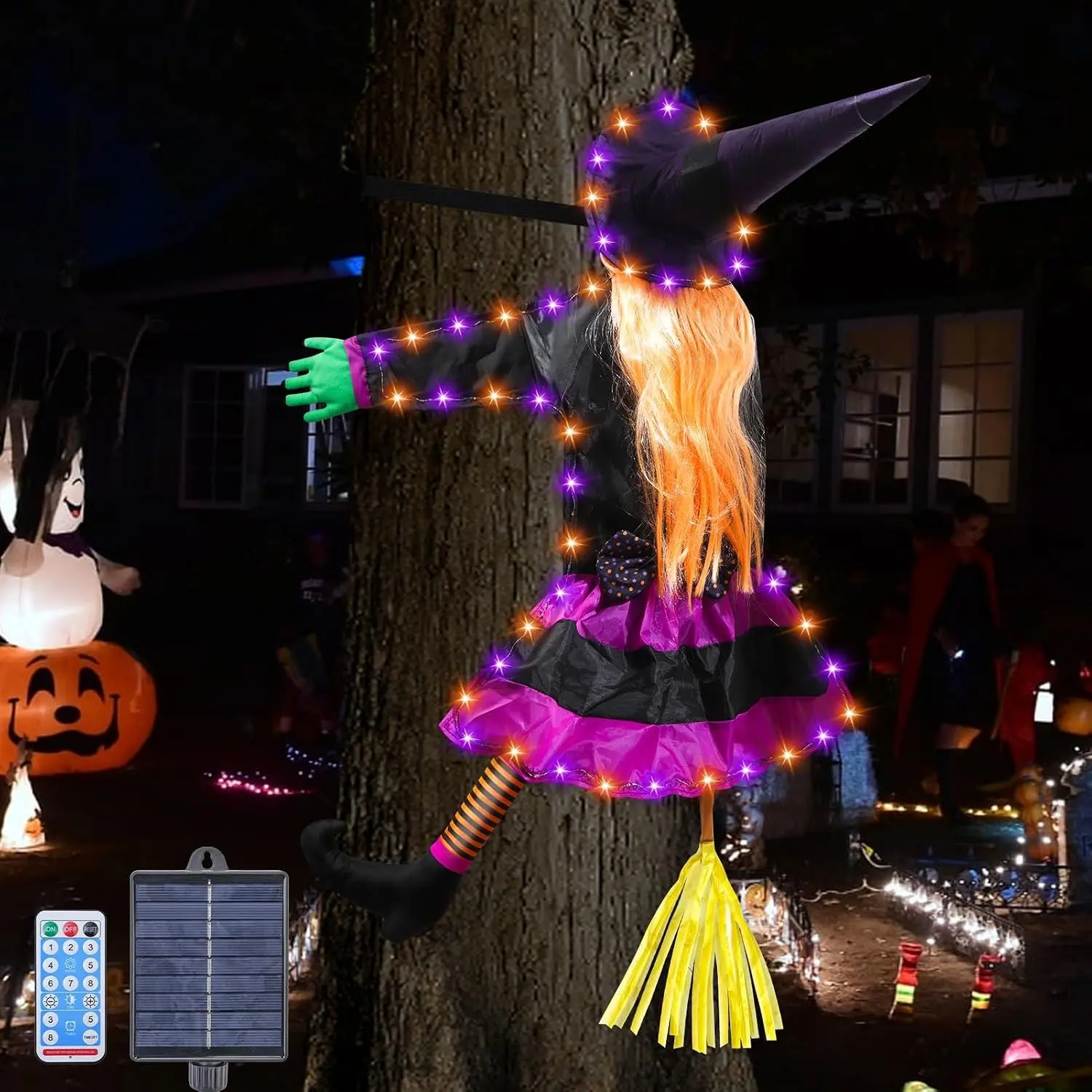 Halloween Decorations, Solar Witch Large Crashing Witch into Tree Outdoor Decor, Lighted Flying Witch for Tree, Yard, Patio, Porch Outdoor Decoration (Orange Purple)Gift.