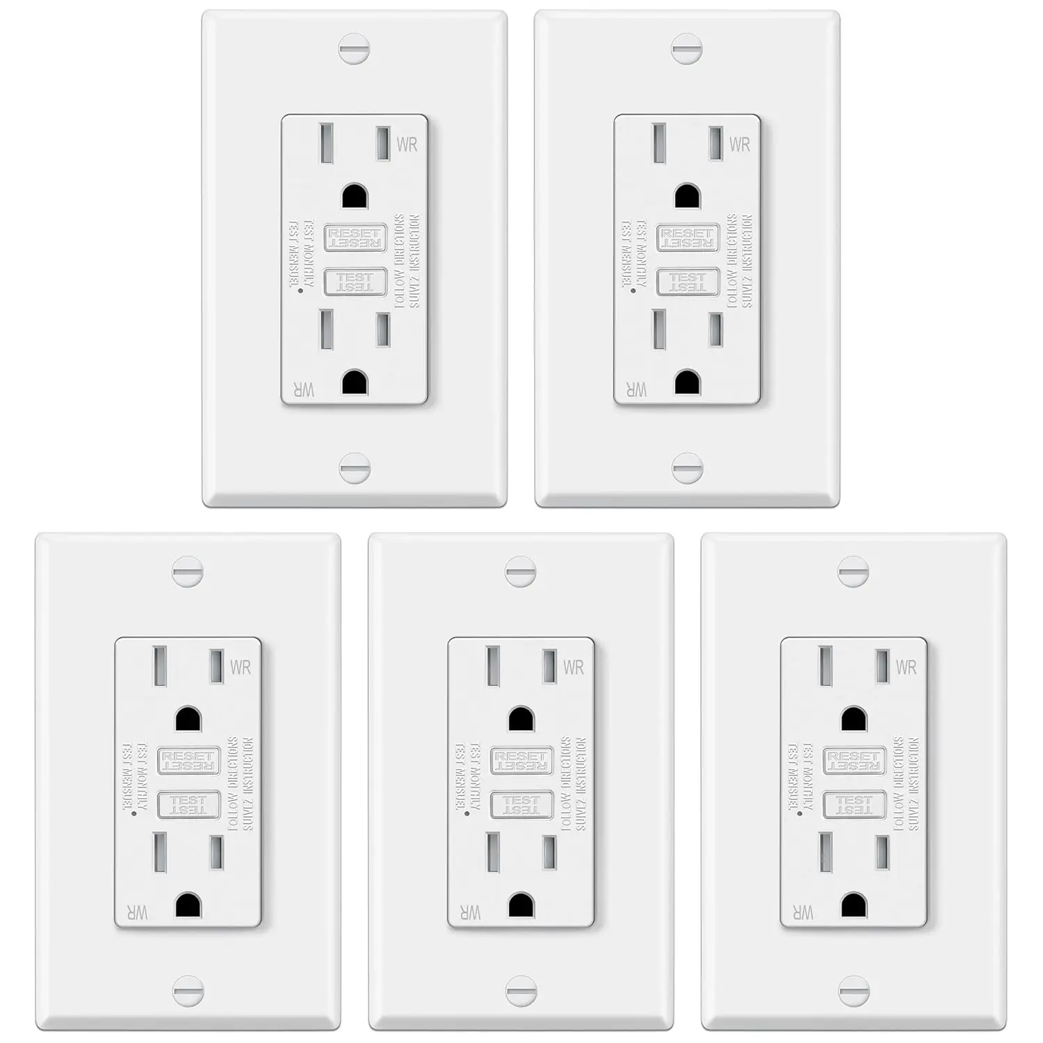 5 Pack 15 Amp TR GFCI Outlets, Outdoor GFI, ETL Listed, White | Ultra Slim Design, 15A GFI, Weather Resistant with LED , Ground Fault Circuit Interrupter, Wallplate Included