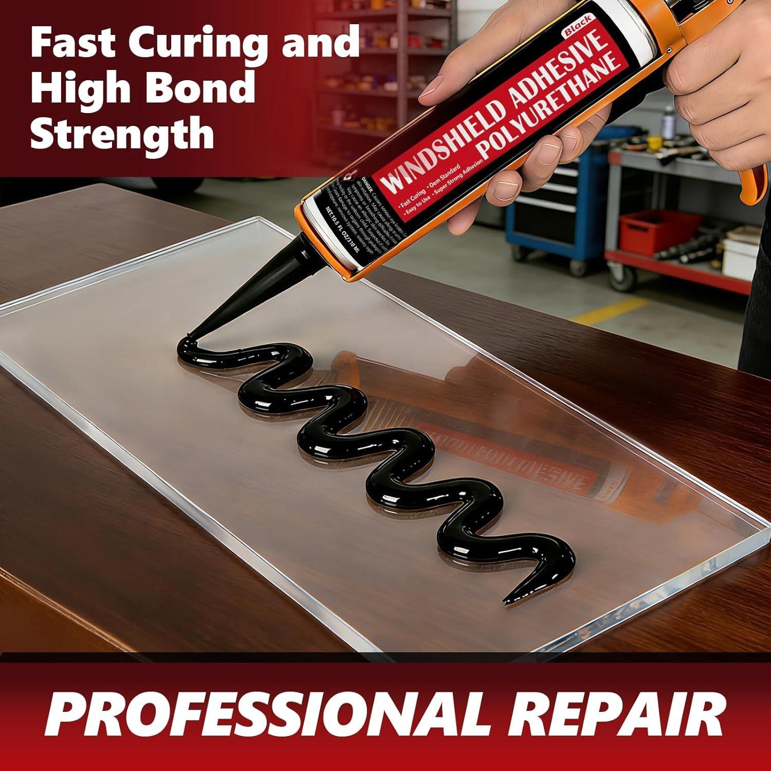 [6 Pack] Polyurethane Windshield Adhesive, Windshield Sealant Black - High Bond Strength, Quick Curing & Weather Resistant Automotive Glass Glue for Vertical & Overhead Application, 310ml