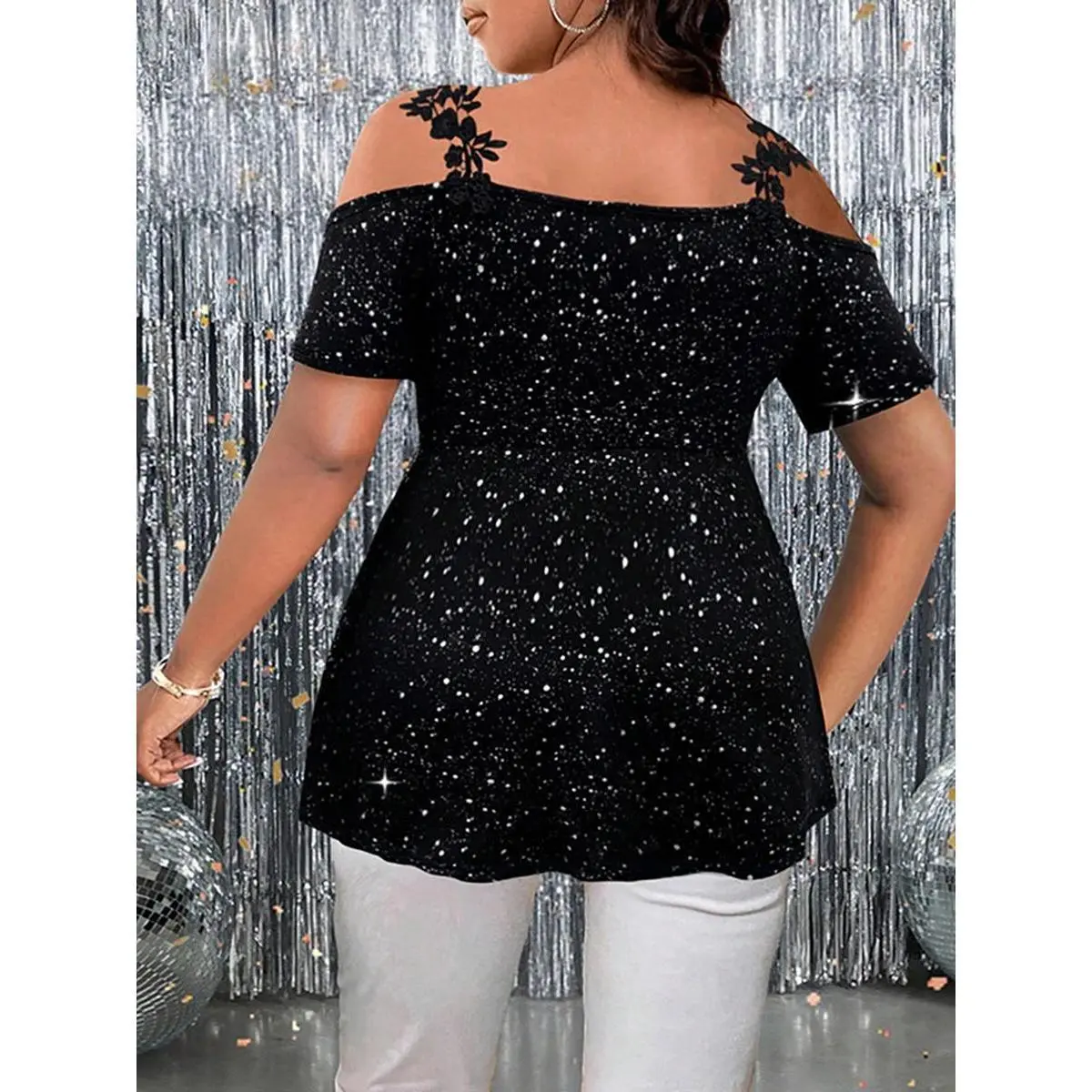Plus Size Glitter Peplum Top Cold-Shoulder Stretchy Party Blouse Glam Evening Top