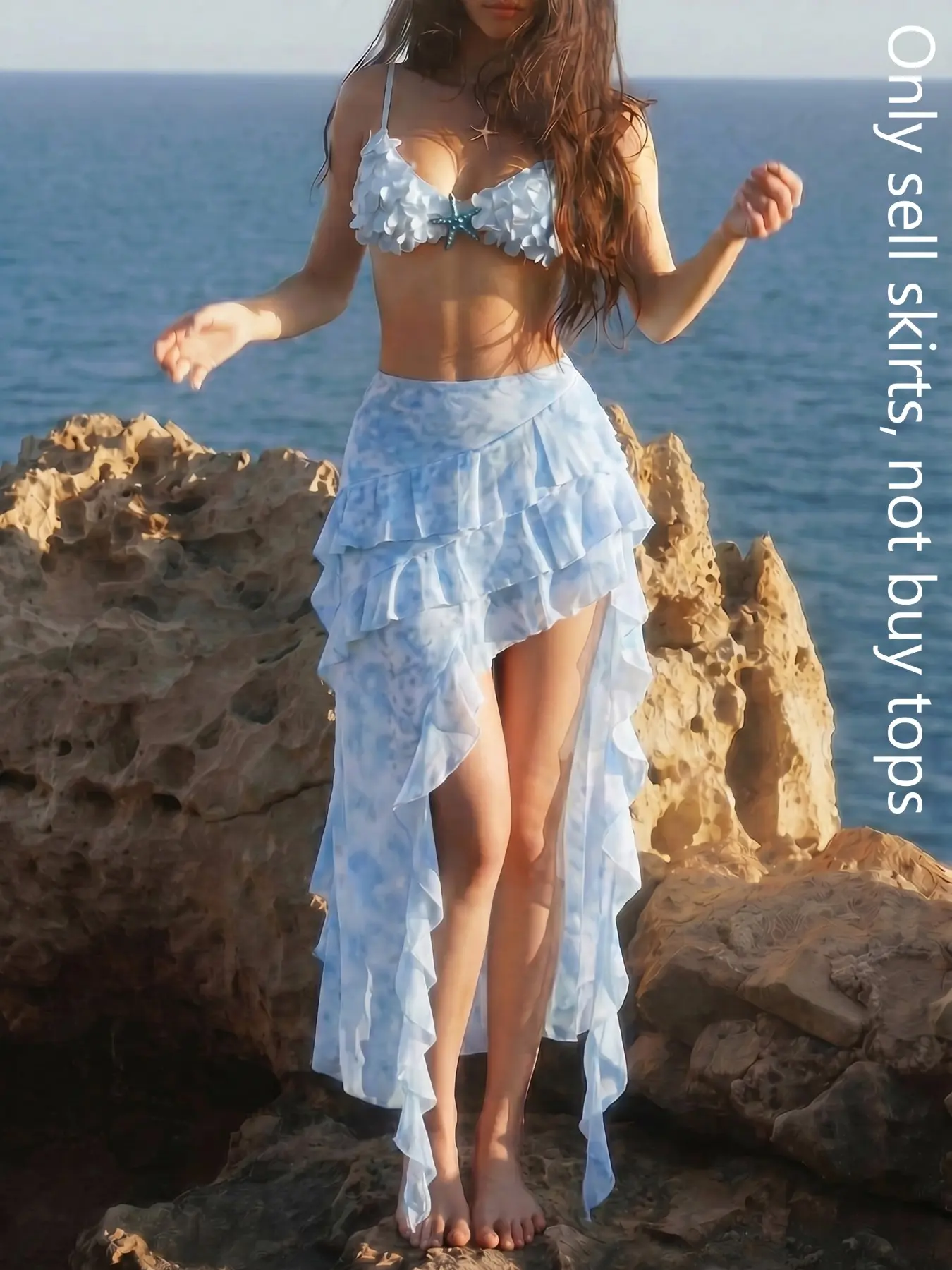 Women's Blue Gradient Print Ruffle Asymmetric Long Skirt, Beach Vacation Pool Party, Elegant Coastal Style, Casual, Asymmetrical, Bottoms