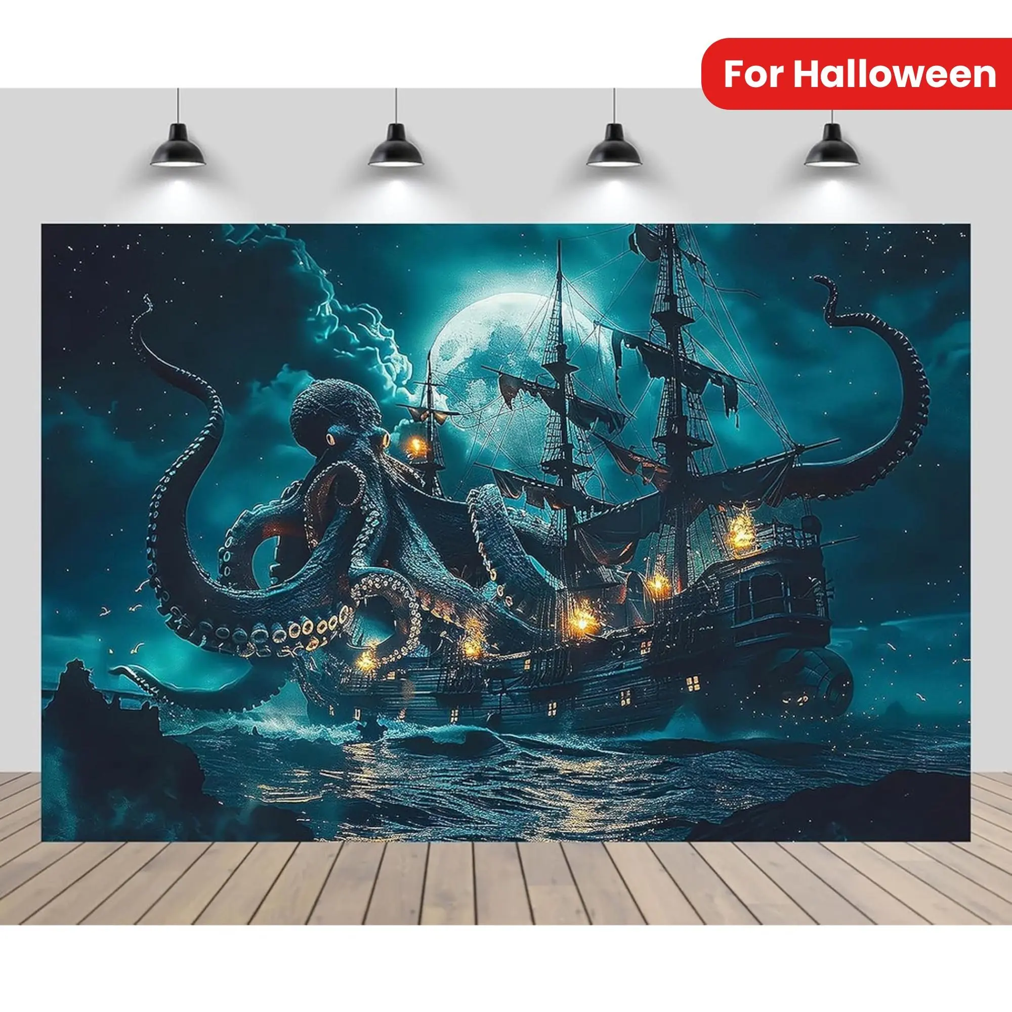 [Halloween Backdrop] Halloween Pirate Ship Backdrop |   Creppy Octopus Monster Fantasy Full Moon Night Horror High Seas Nautical Background Pirate Halloween Theme Birthday Wedding Party Decor Photo Props