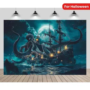 [Halloween Backdrop] Halloween Pirate Ship Backdrop |   Creppy Octopus Monster Fantasy Full Moon Night Horror High Seas Nautical Background Pirate Halloween Theme Birthday Wedding Party Decor Photo Props