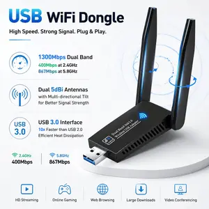 1300Mbps High-Speed USB WiFi Adapter Dual Band 5GHz 2.4GHz Wireless Network Card with Dual Antennas for PC Desktop Laptop, Windows 11/10/8/7/Vista/XP, Plug and Play, Stable Connection, Gaming Streaming Low Latency