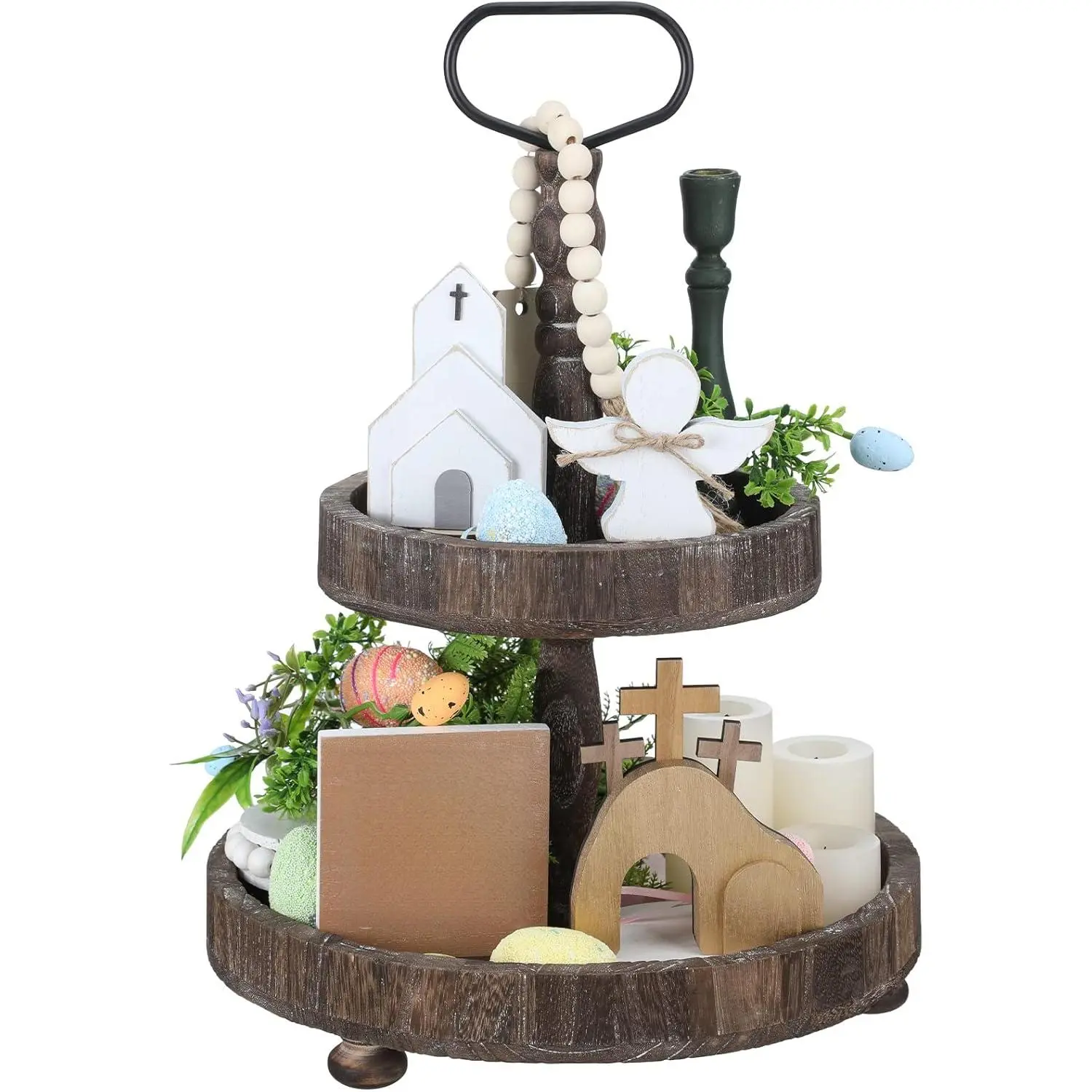 4 Pcs Farmhouse Wooden Easter Jesus Sign Decor with LED Lights, Religious Crosses, Tiered Tray Decorations for Christian Home Church Gifts
