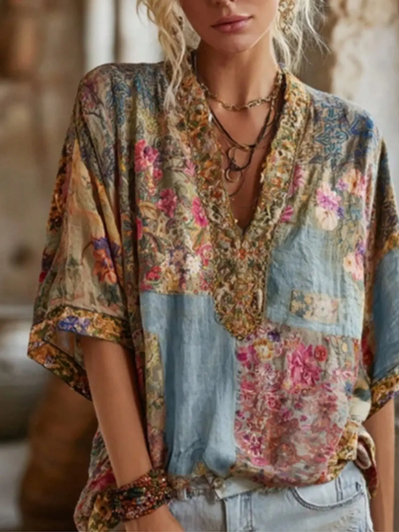 Vintage Oil Painting Floral Patchwork Shirt, Bohemian Ethnic Lazy Vacation Style Top Comfortable Sleepwear for Women, Trendy and Relaxing