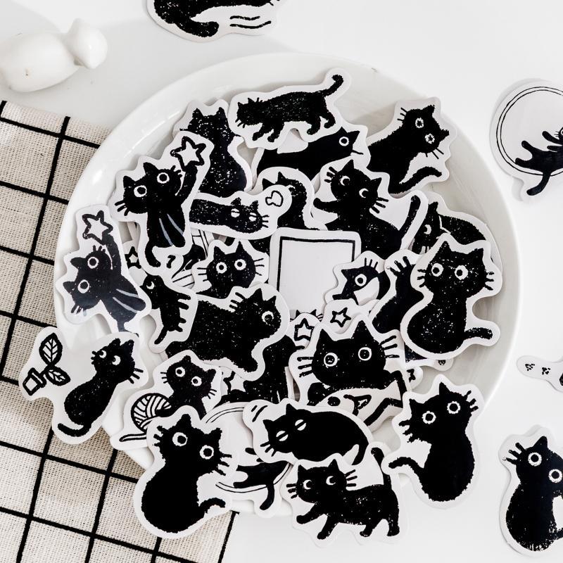 45pcs/box Cartoon Black Cat Pattern Sticker, Cute Pet Play Daily Pattern Self-adhesive Sticker, Decorative Sticker for Phone Case Computer Guitar Bag Water Cup Scrapbook
