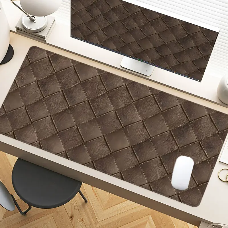 Woven Brown Leather Desk Pad Gaming Mousepad XXL Mouse Pad For Laptop Desk Mouse Pad Extra Large With Non-Slip Rubber Base Stitched Edges Surface For PC Gamers Office Workers & Home Use As Holiday Gift