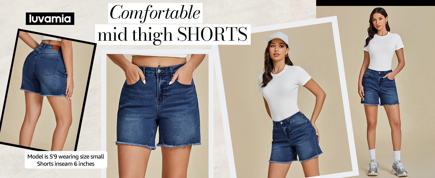 luvamia Jean Shorts for Women Trendy High Waisted Stretchy Denim Summer Casual Raw Hem Mom Long Shorts Cutoff Jorts