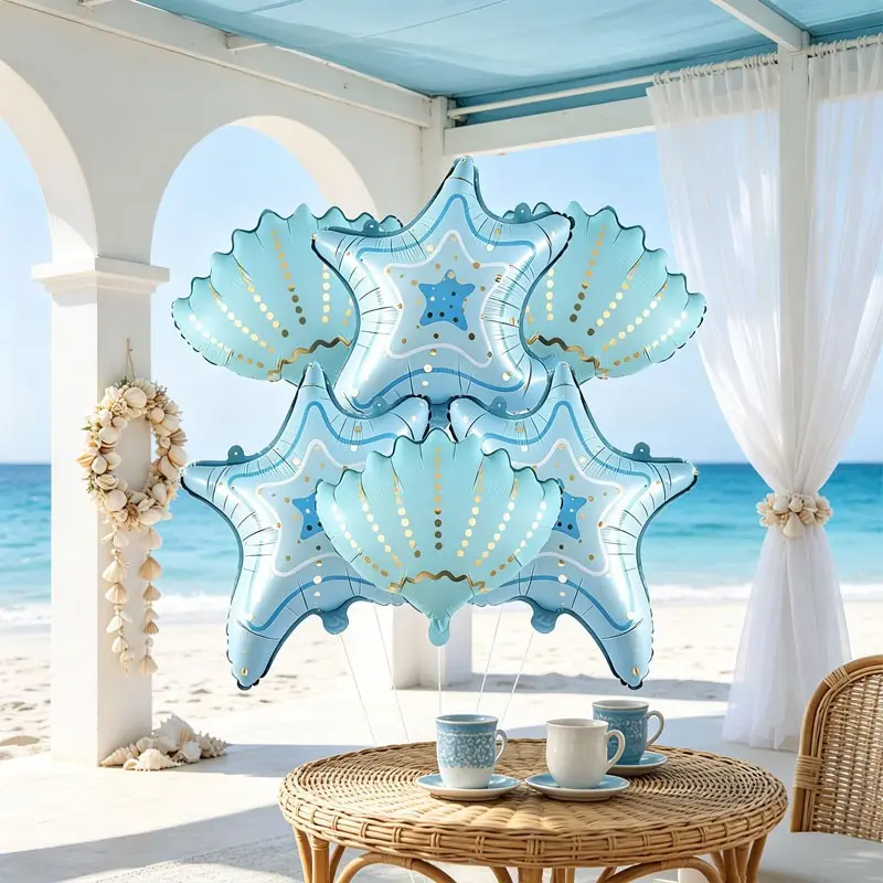 A set Light Blue Starfish & Seashell Foil Balloon Set, perfect for ocean‑themed birthday parties, baby showers, summer gatherings, pool/beach parties and seaside photo props