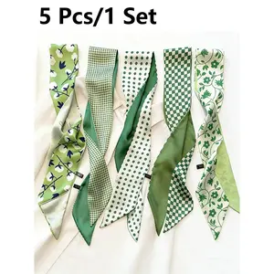 5PCS French Chic Twilly Scarf Set for Women, Coquette Floral Polka Dot Hair Scarf & Headband Collection, Vintage Neck Scarf, Bag Charm Ribbon, Soft Polyester Fashion Accessory for Travel, Office & Daily Wear
