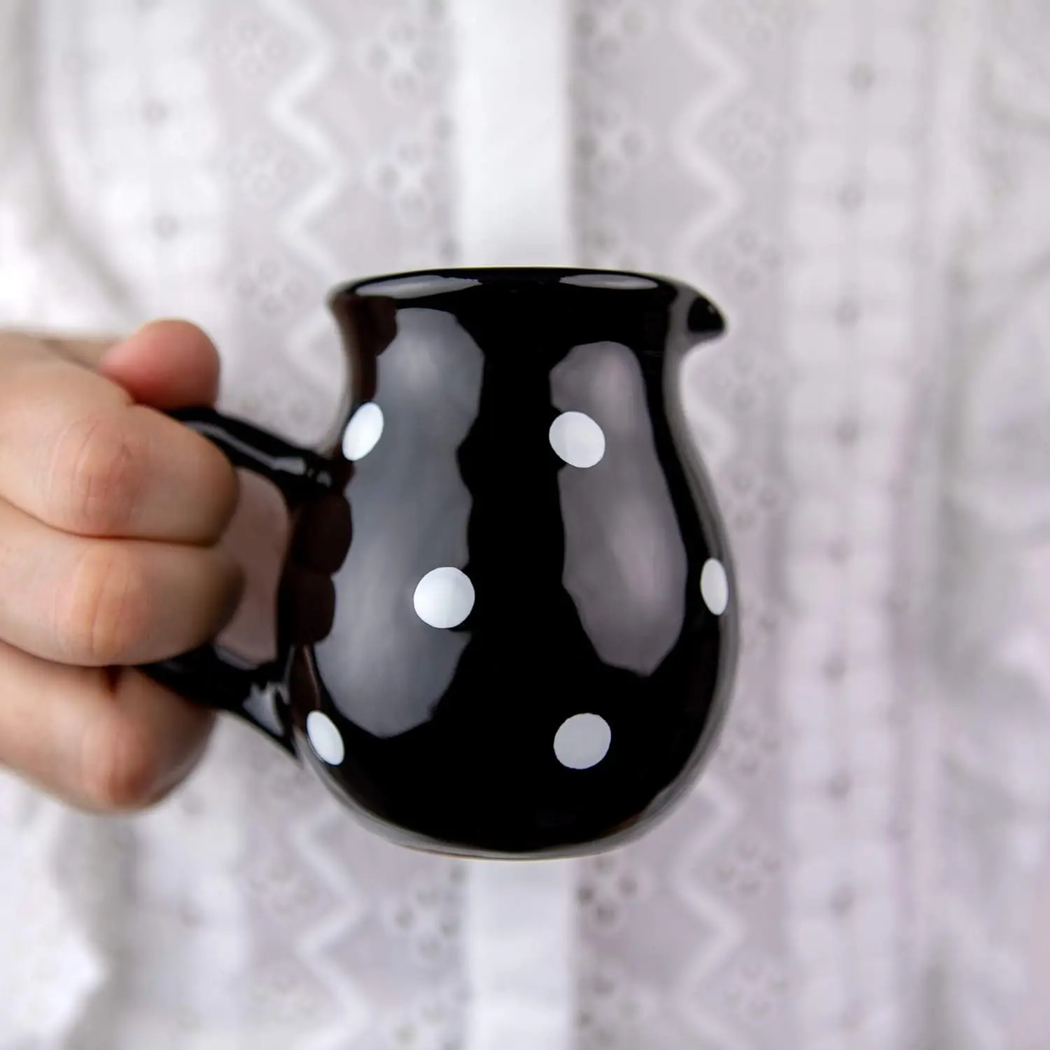 City to Cottage Handmade Black and White Polka Dot 150ml/5oz Small Ceramic Creamer Milk Jug Pourer Pitcher, Pottery Housewarming Gift for Tea Coffee Lovers