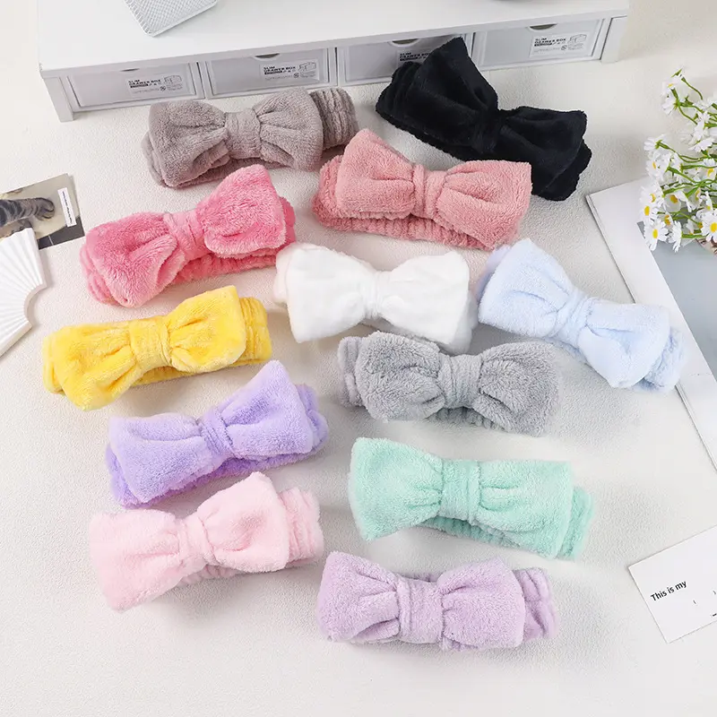 Women's Minimalist Front Bow Solid Color Stretch Elastic Coral Fleece Spa Headband - Soft Fluffy Absorbent High Density Fabric, Neat Edging, Non-Slip, Daily Wear for Face Washing