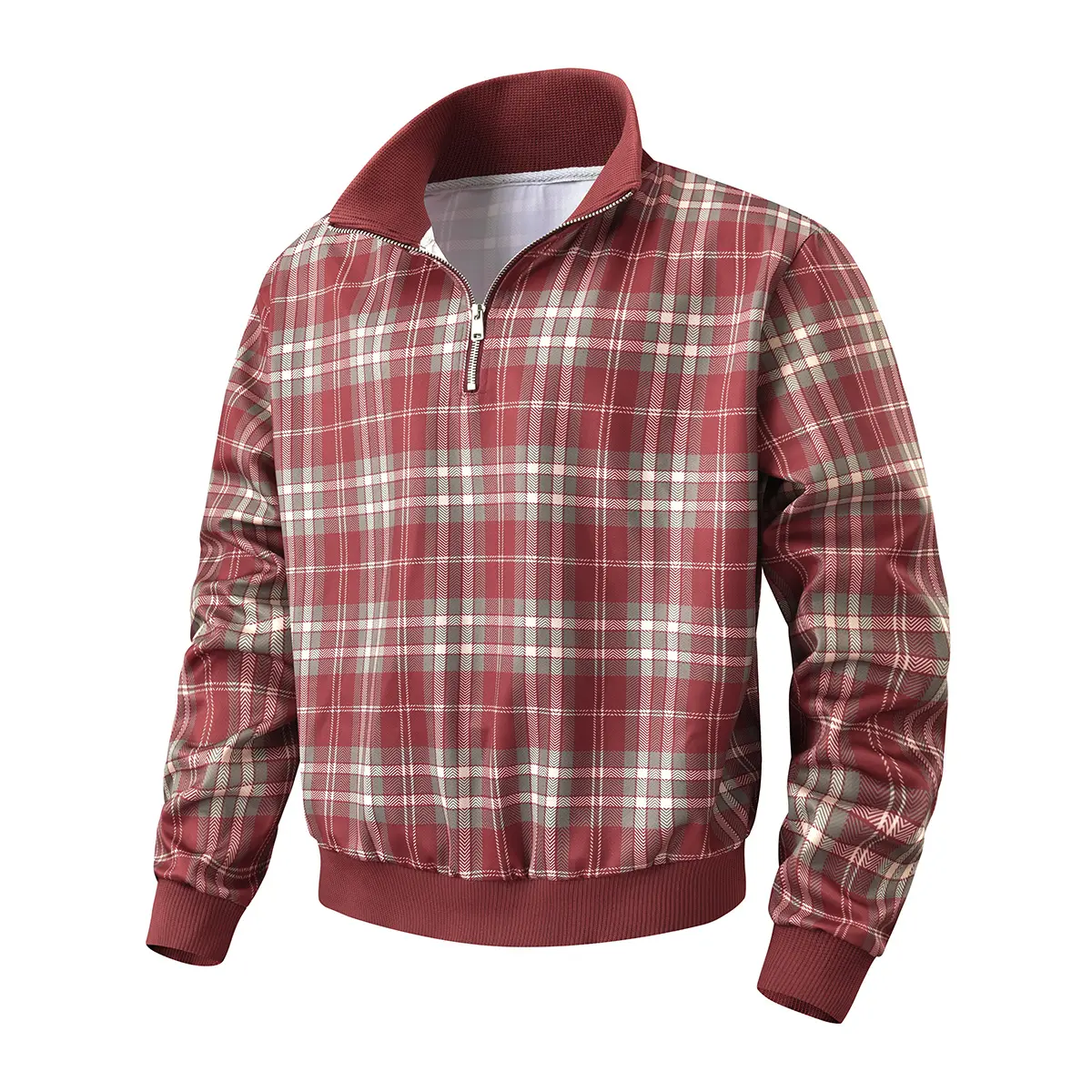 Men's Plaid Half-Zip Bomber Coat - Ribbed Collar, Cuff & Hem, Fitted Cut, Polyester Blend Longsleeves Casual Vintage Tartan Lightweight Windbreaker for Autumn Daily Street Outfits, Coats, Half Zip Front
