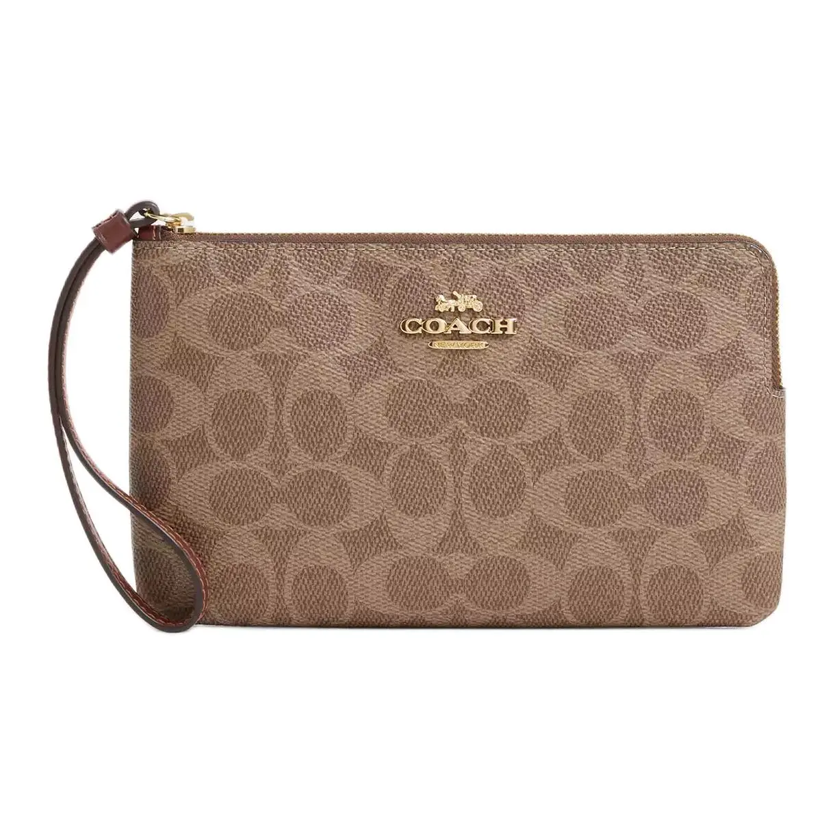 COACH 19 Logo Zip Top Wristlet Clutch Handbag for Women, Tan Brown Faux Leather