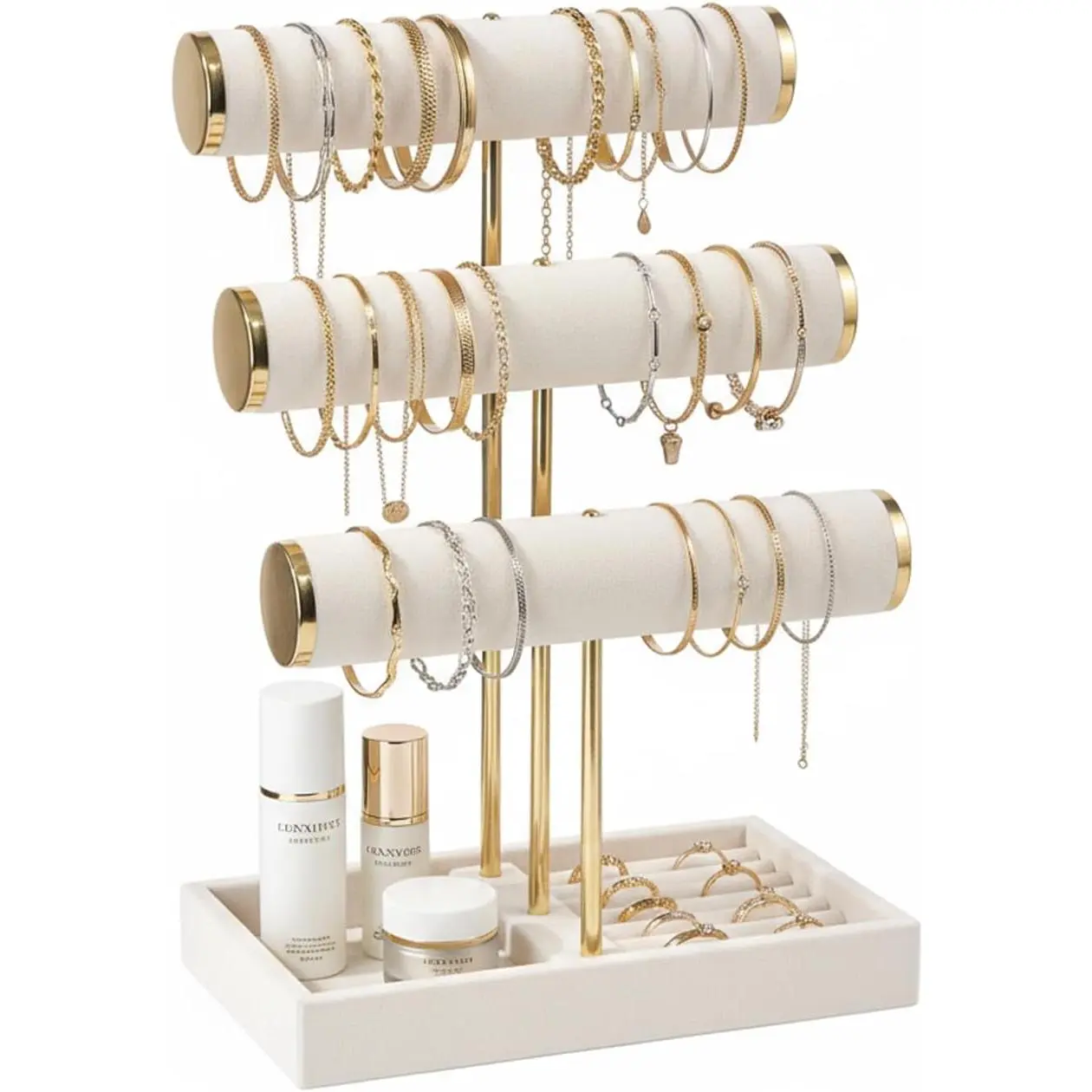Beige 3-Tier T-Bar Accessory Holder with Synthetic Covering Tray - Compact Jewelry Display Organizer for Vendors, Bangles, Necklaces, Scrunchies, Watches, Rings
