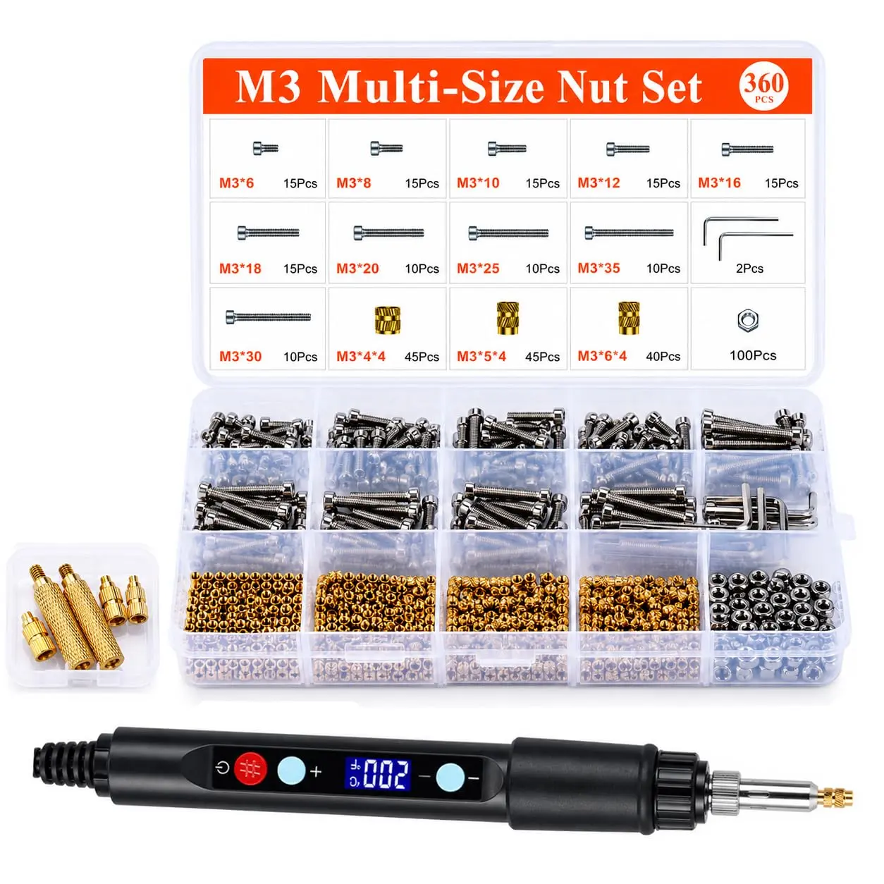 Threaded Inserts - M3 Heat Set Inserts Kit, 360 count Brass Heat Set Inserts for  Printing & Plastic, with 60W Digital Soldering Iron, , Nuts, Washers & Wrenches - Complete Fastening Solution