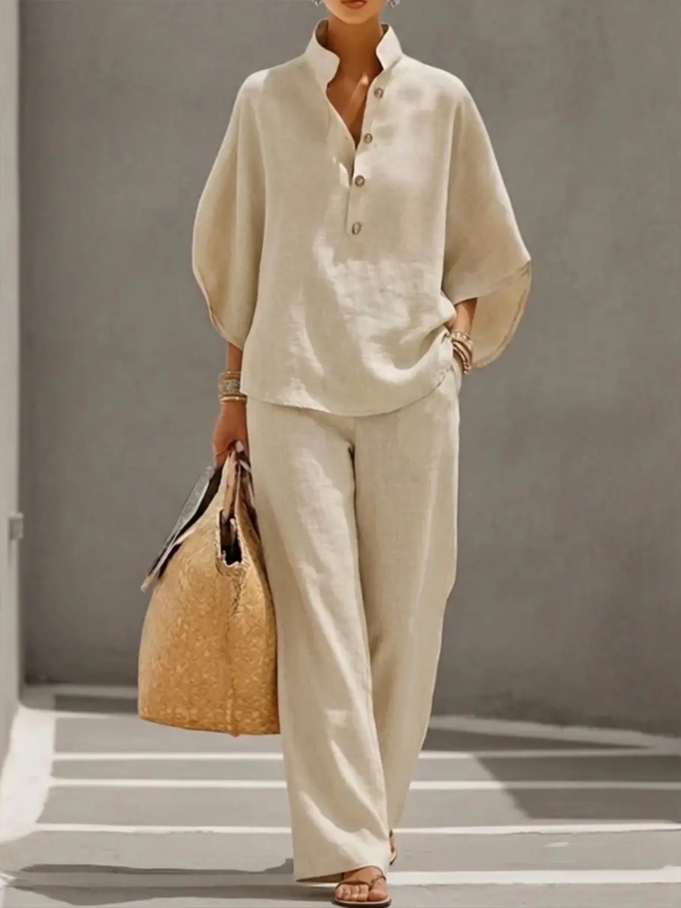 1 Set Women Solid Color Outfit, Button V-Neck Drop Shoulder Top & Casual Pocket Straight Leg Pants