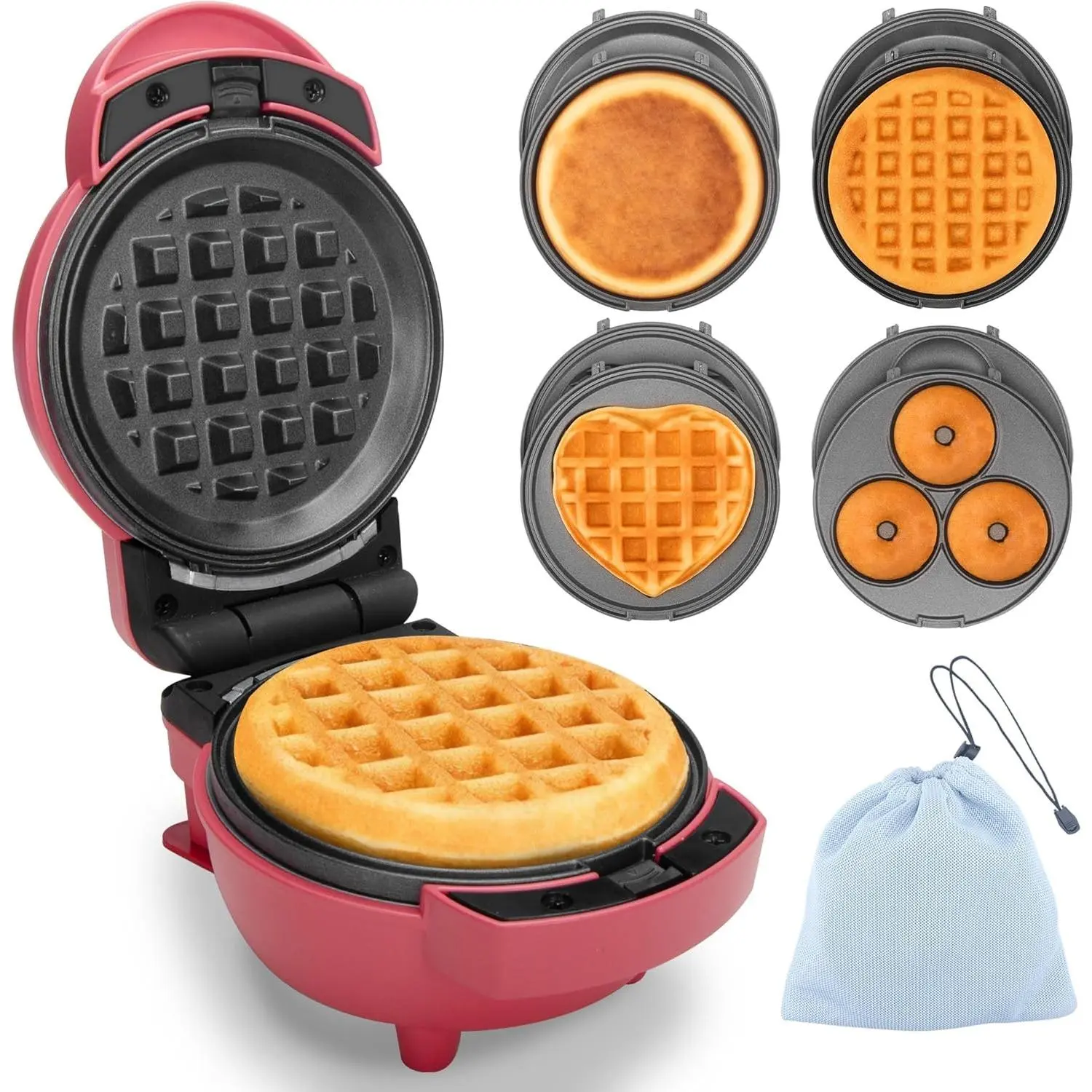 Baker's Friend 4-in-1 Mini Maker Set, Compact Red Waffle Maker with Removable Plates, Includes Mini Pancake, Donut, Heart-Shape Plates, Recipe Included