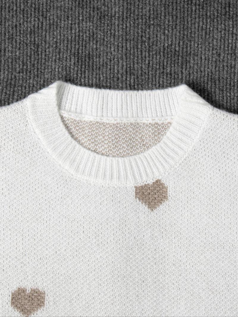 Women's All Over Heart Print Drop Shoulder Sweater, Casual Long Sleeve Round Neck Jumper for Fall & Winter, Fashion Ladies' Knitwear for Daily Wear Women's All Over Heart Print Drop Shoulder Sweater, Casual Long Sleeve Round Neck Jumper for Fall & Winter, Fashion Ladies' Knitwear for Daily Wear