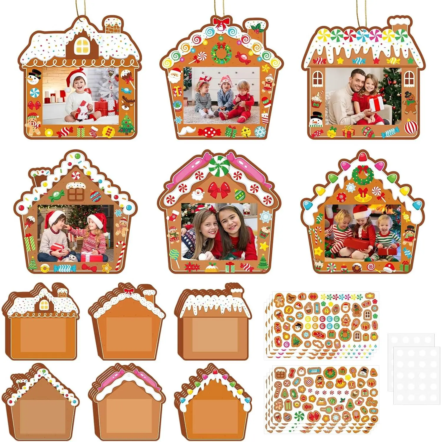 24 count Christmas Picture Frame Ornaments Paper Gingerbread House DIY Photo Frame Craft Set  Decorations For Christmas Tree Decor (House)