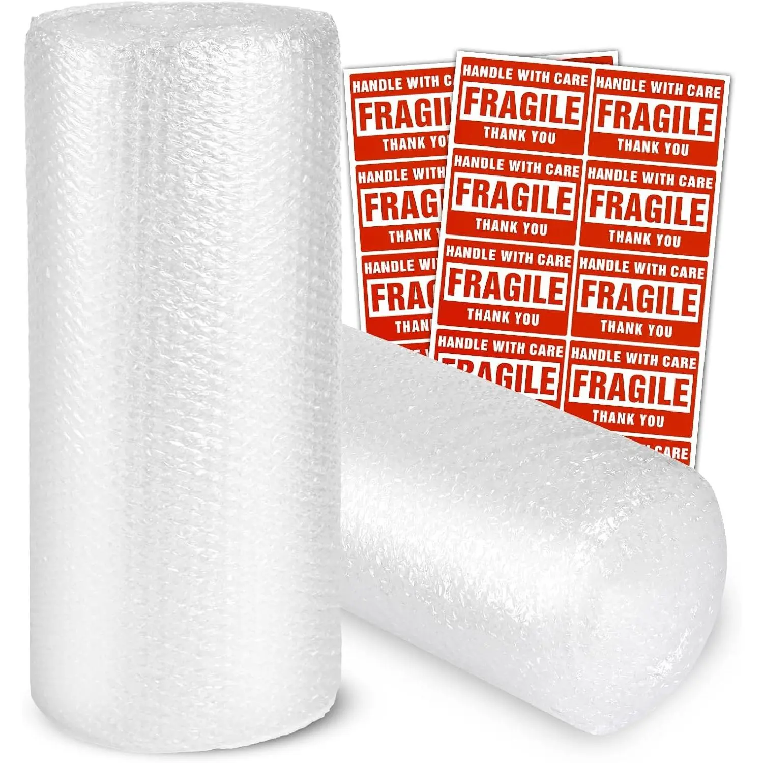 2-Pack Perforated Bubble Cushioning Wrap Rolls, 3/16" x 17" x 72' Total, with 20 Fragile Stickers for Shipping, Packaging and Mailing