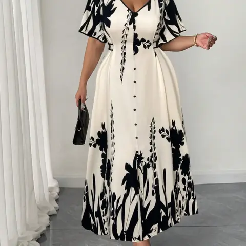 Elegant Chic Summer Plus Size Floral Print Buttoned Dress, V Neck & Button Decor, Waist-Cinching A-Line Gown, Women's Fashion Clothing, Casual Wear, Womenswear