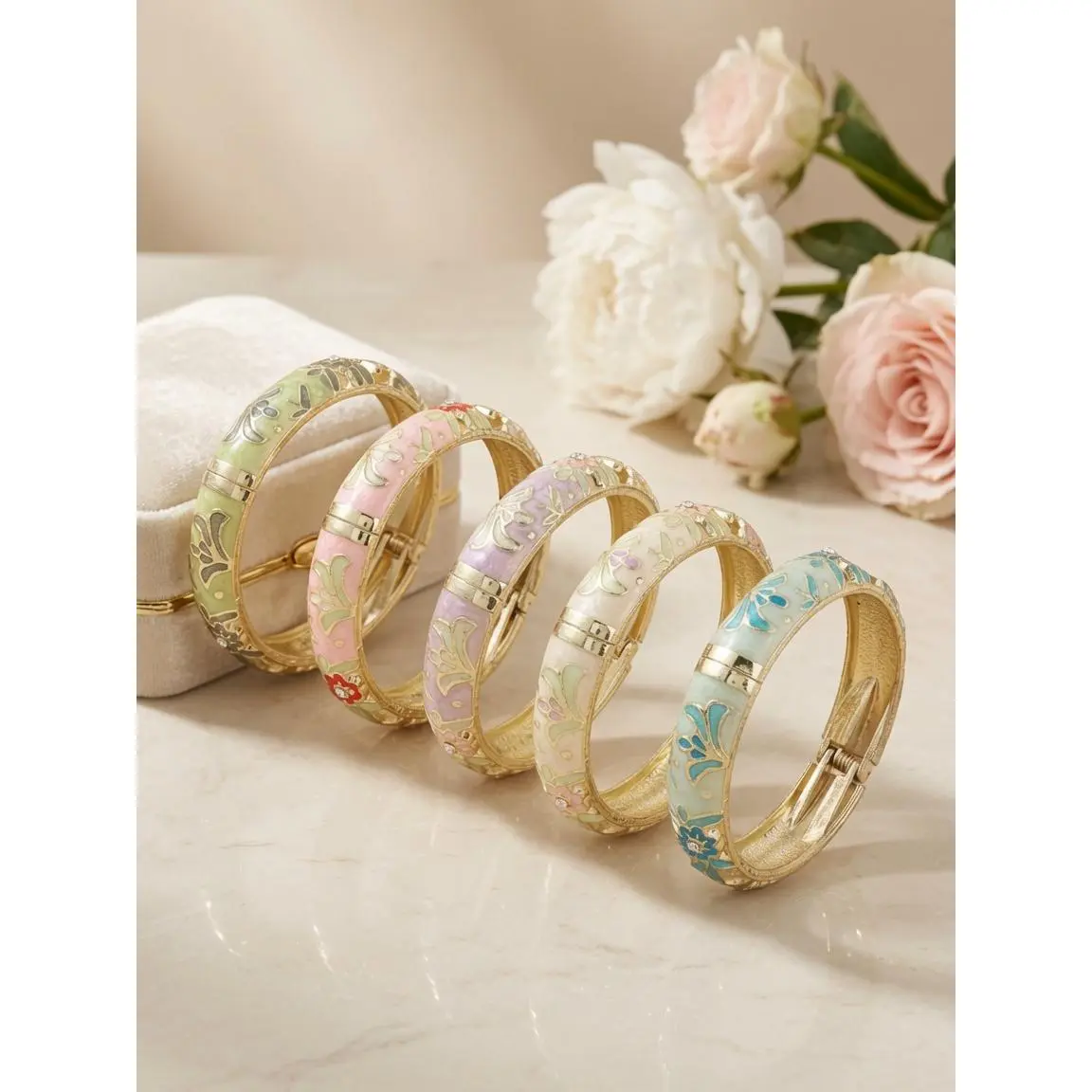 Lightweight Open Cuff Bangle - Wide Hollow Enamel Bracelet with Floral Leaves & Crystal Inlay, Handmade Stackable Fashion Accessory, Retro Travel Gift for Daily Outfits
