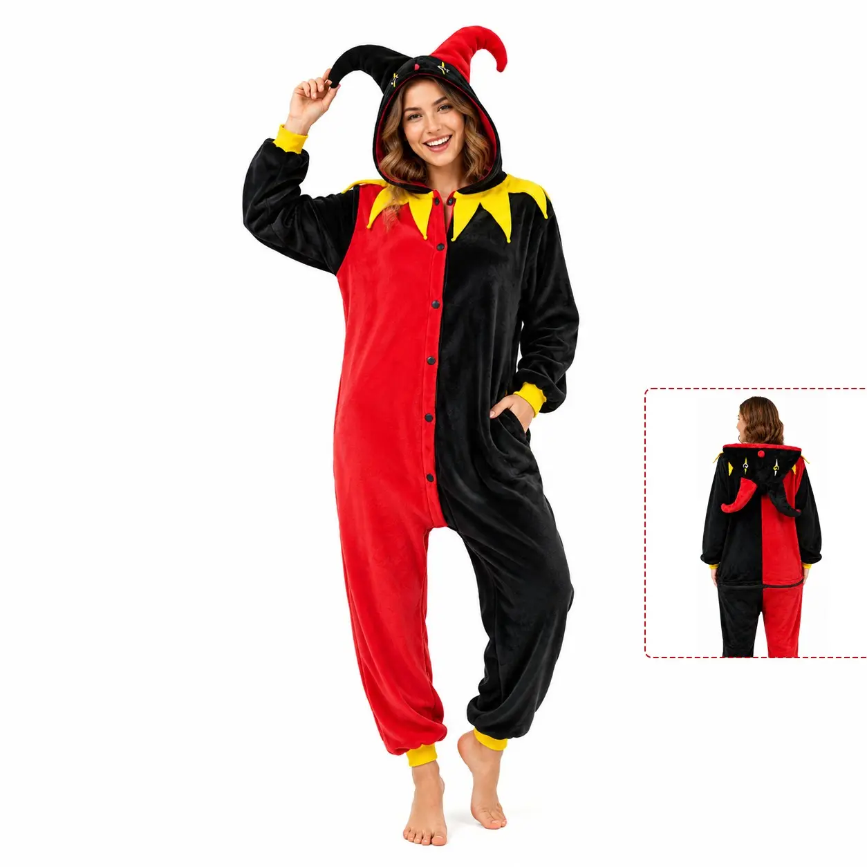 Halloween Jester Onesie, Harlequin Plush Jumpsuit, Adult Circus Clown Costume, Hooded Sleepwear, Party Dress Up, Unisex Design