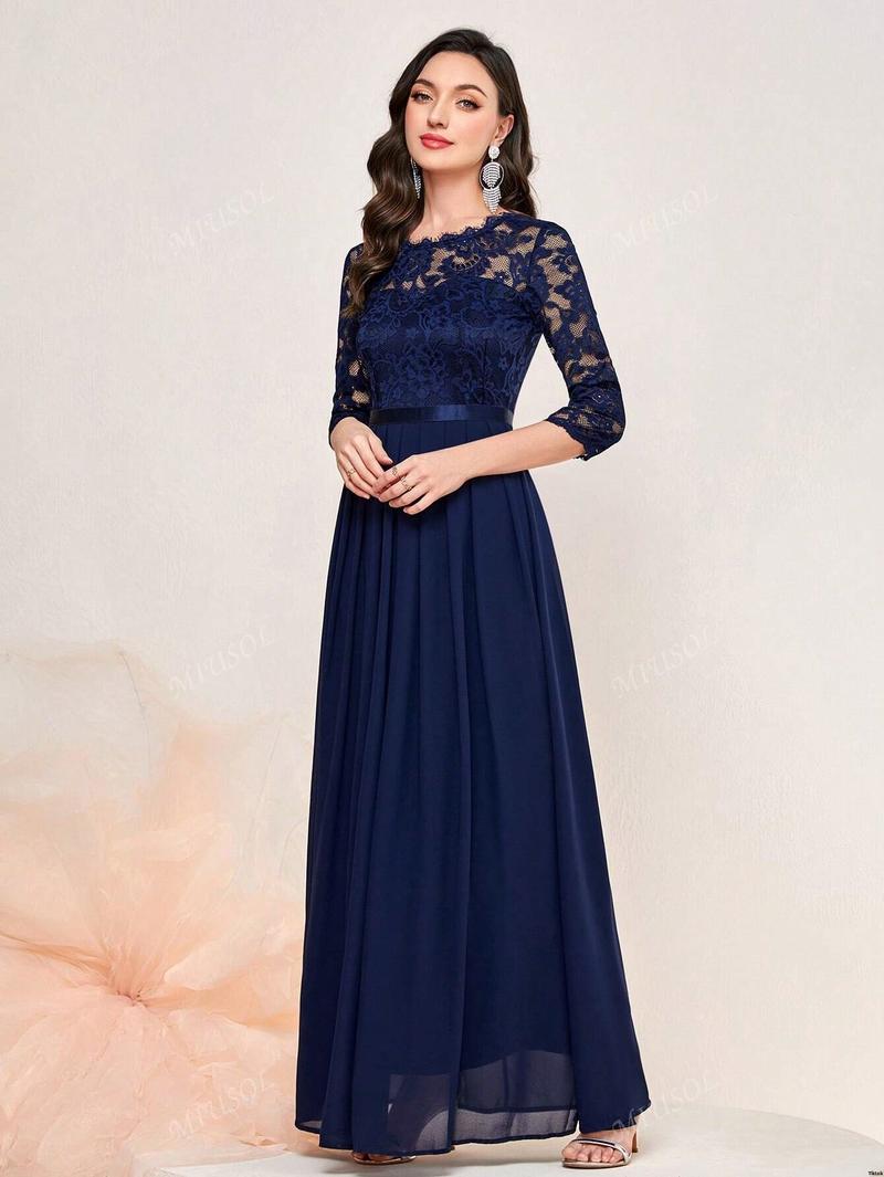 Formal Hem Pleated Elegant MIUSOL Floral Lace Chiffon Party Dress