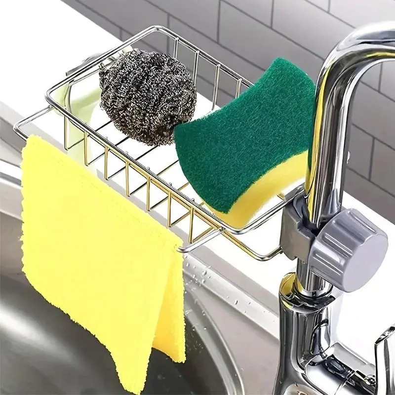 1pc Adjustable Stainless Steel Kitchen Sink Caddy Organizer with Drainage - Faucet Sponge Holder, Towel Rack, and Multi-Function Storage for Kitchen Accessories