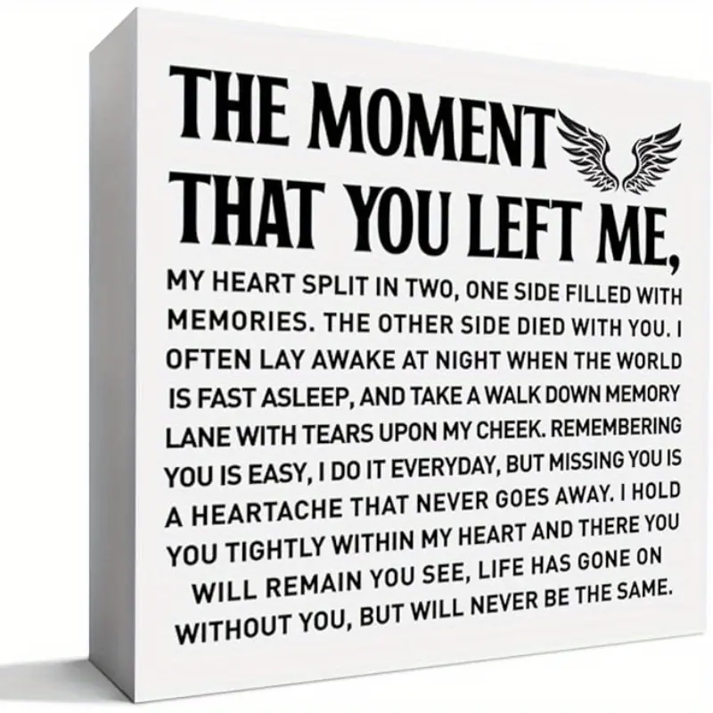 In Loving Memory Sympathy Keepsake - 5x5 Inch Artificial Wood Memorial Box with "The Moment You Left Me" Poem & Angel Wings - Bereavement Gift for Loss of Parents, Spouse, - Durable Condolence Remembrance Keepsake for Desk or