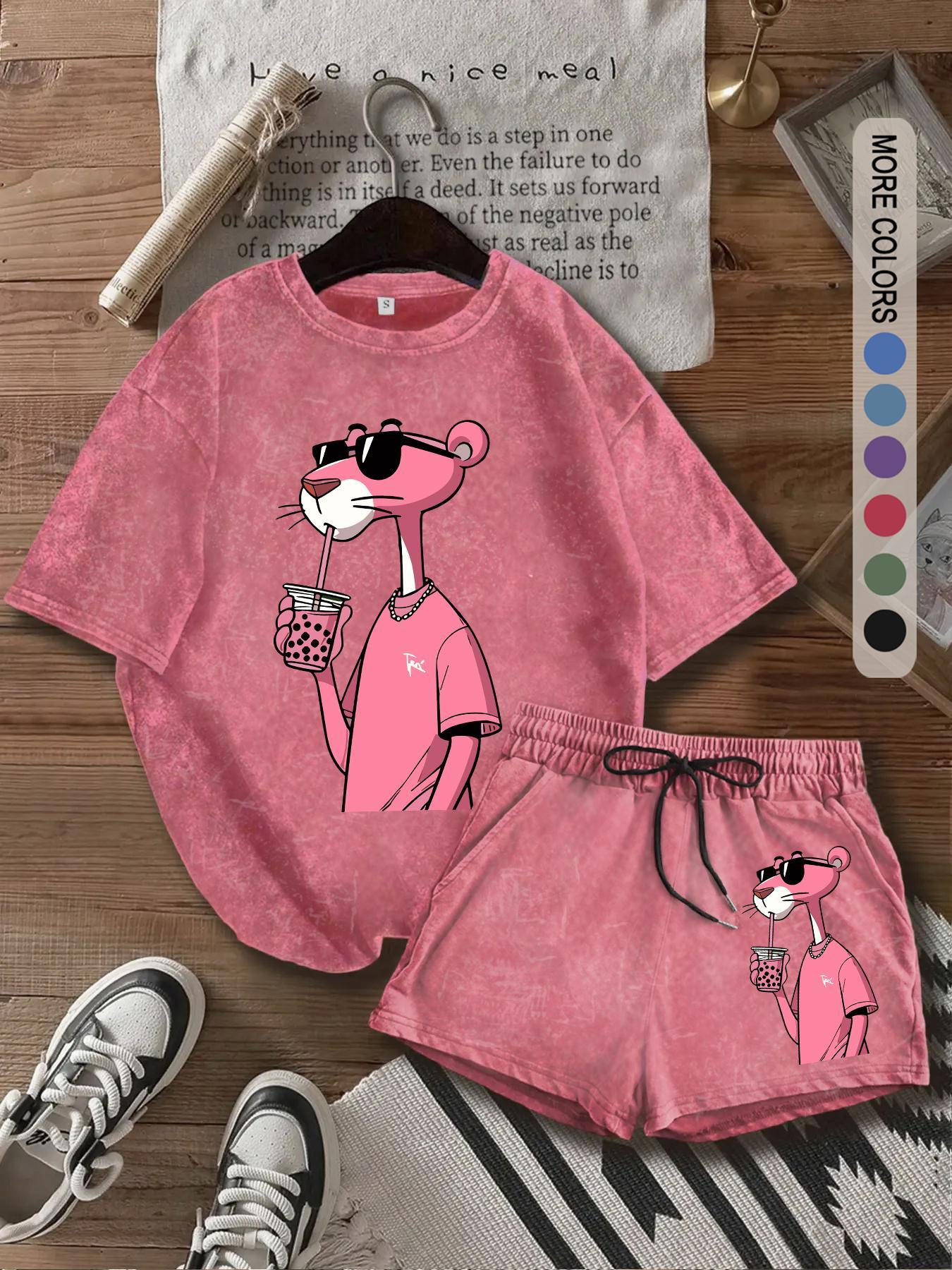 Two-piece Set Women's Panther Print Tee & Shorts, Casual Short Sleeve T-shirt & Shorts, Ladies Two-piece Outfits for Daily Wear, Clothes, Womenswear, Fitted, Crewneck Summer Beach Set, Shorts Sets