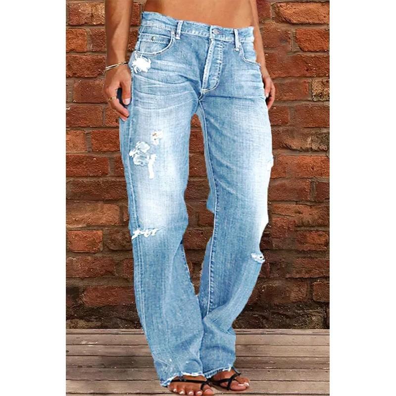 Women's Ripped Jeans Mid Rise Straight Leg Denim Jean Plus Size Boyfriend Jeans Baggy Flare Pants 90s Hippie Clothes