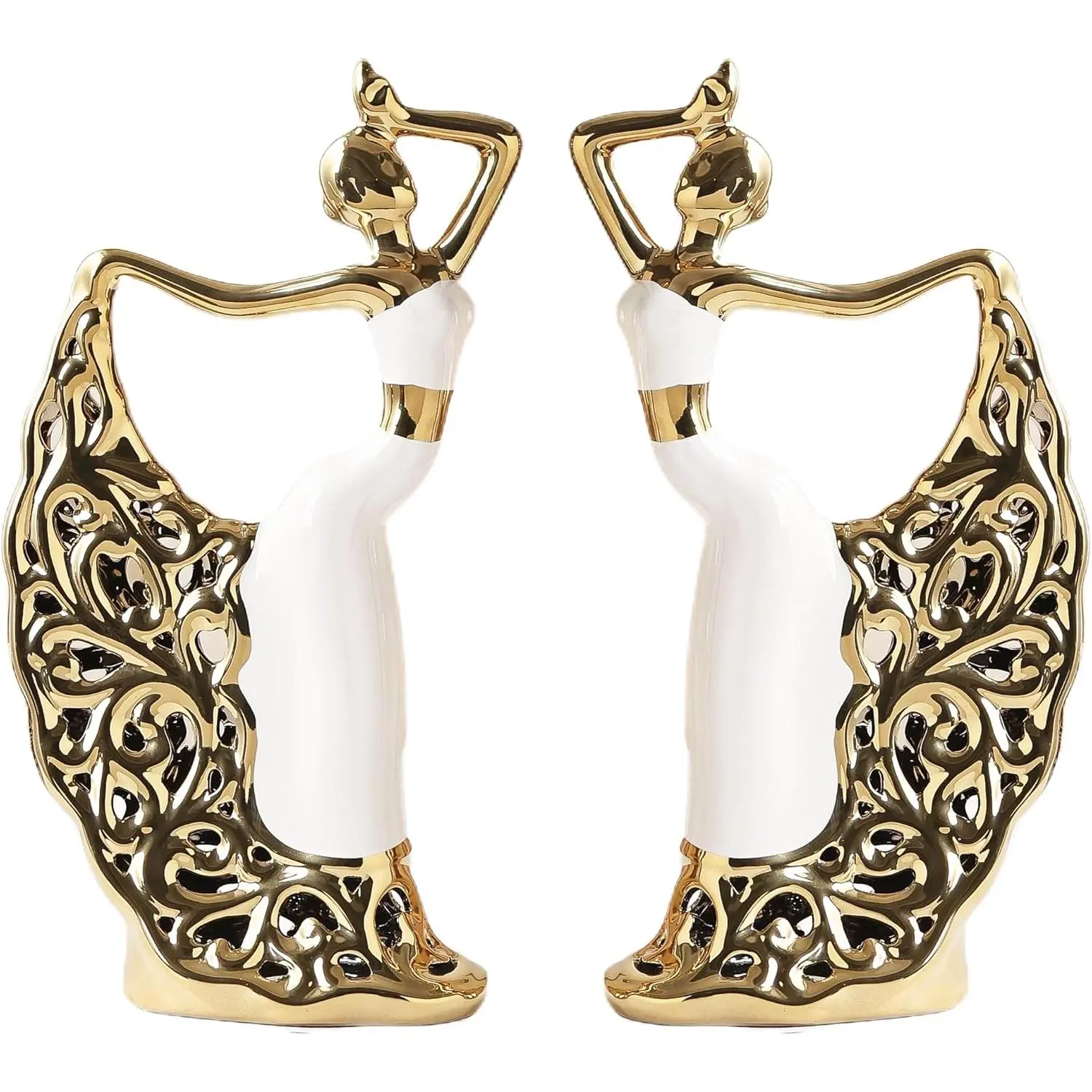 2 Pcs Ceramic Statues Home Decor, Dancer Women Sculpture Figurine, Modern Aesthetic Abstract Art Decorative Accent for Living Room Bedroom Bookshelf Dining Table Centerpiece Office (White and Gold)