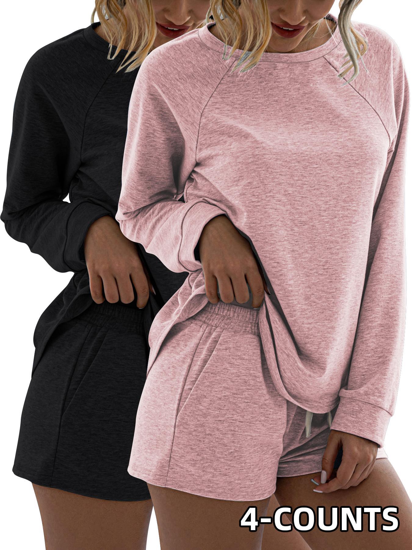 Women's Solid Tee & Drawstring Waist Shorts Set, Casual Sporty Round Neck Long Sleeve Top & Pocket Design Shorts, Ladies Sportswear for Indoor Outdoor Wear