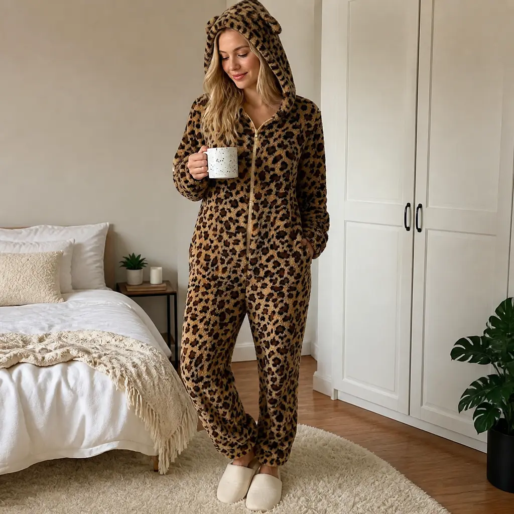 Women’s Leopard Print Hooded One Piece Pajamas with Front Zipper, Long Sleeve Full Length Lounge Jumpsuit