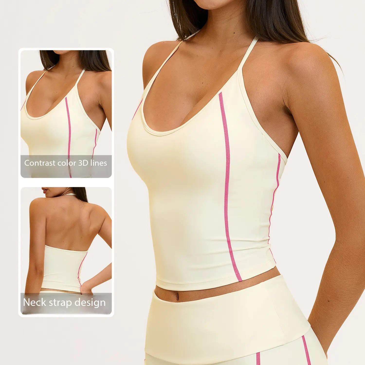Women Halter Neck Yoga Tank Top, Contrast Color Stripe Quick Dry Sports Cami, Padded Slim Fit Athletic Camisole for Fitness, Running and Daily Casual Wear