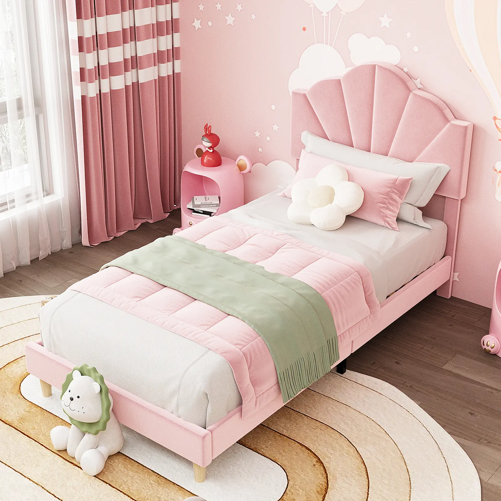 Modern soft Upholstered Platform Bed Frame – Adjustable Headboard, Sturdy Wood Slats & Metal, No Box Spring, For Kids & Teens, Easy Assembly – Size: TWIN, Color: Light Pink