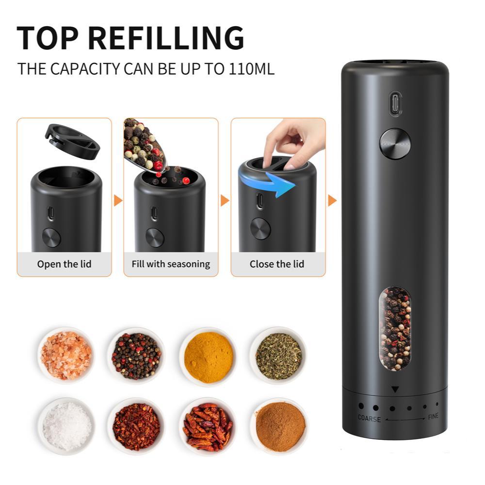 Electric Salt & Pepper Grinder Set, 1 Set Rechargeable Automatic Pepper Mill Grinder with LED Light, Modern Home Adjustable Coarseness Shakers, One-hand Operation for Kitchen