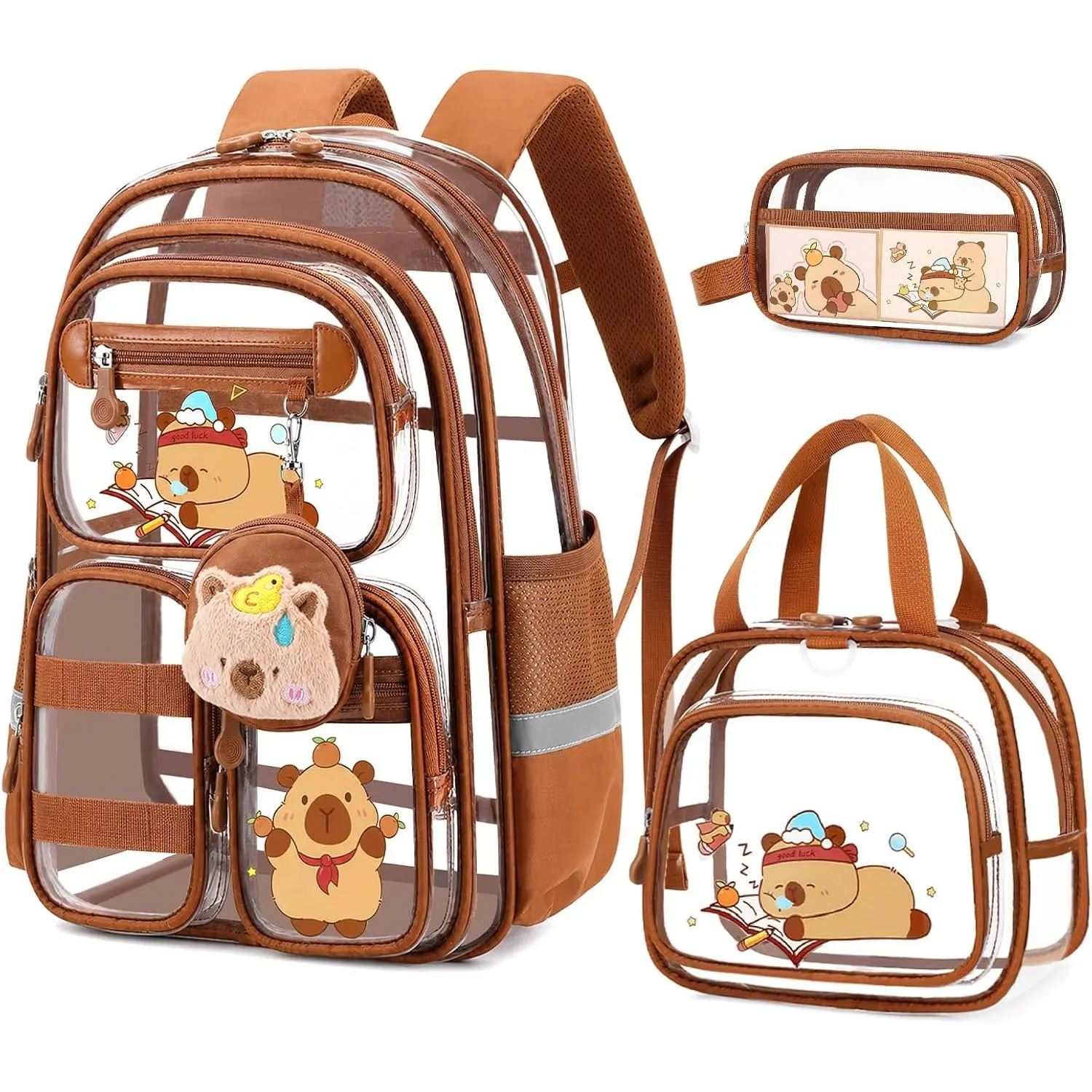 Capybara Theme Clear Backpack,Heavy Duty Transparent Backpack for Girls with Lunch Box Pencil Case,See Through Bookbag for  Teens Elementary Middle High School Stadium Approved