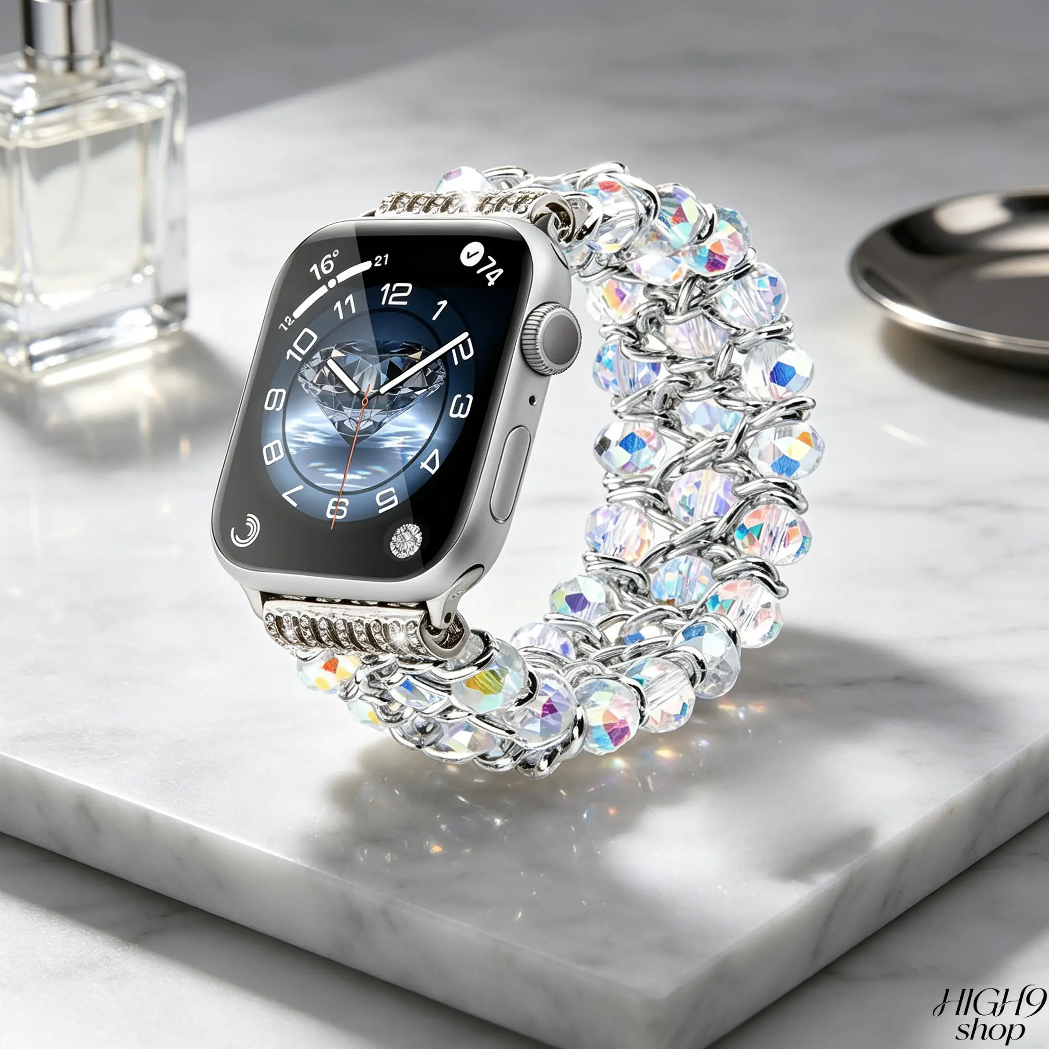 Sparkling Aurora Crystal Beaded Elastic Watch Band For Apple Watch, Luxury Rhinestone Inlaid Jewelry Style Wristband For Women, Stretch Strap Compatible With iWatch Series 1-10 SE Ultra All Sizes 38-49mm