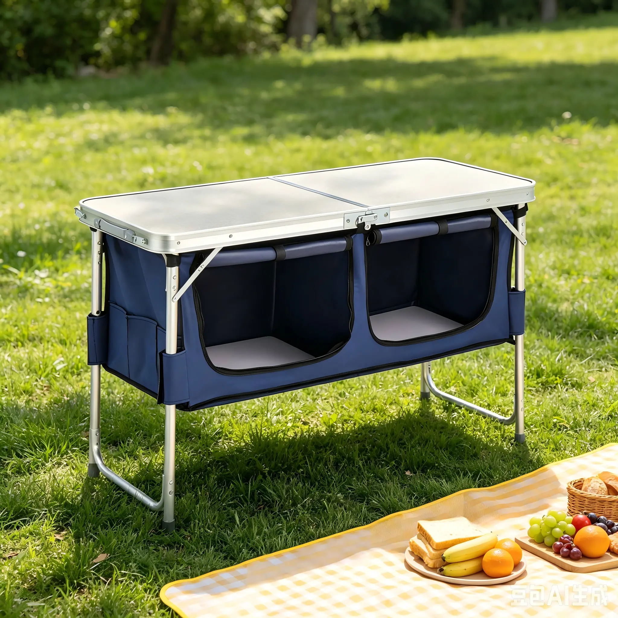 4 Ft White Aluminum Alloy Folding Camping Table with 2 Large Oxford Storage Compartments, Portable Outdoor Buffet Serving Table for Picnic BBQ Family Reunion Tailgate