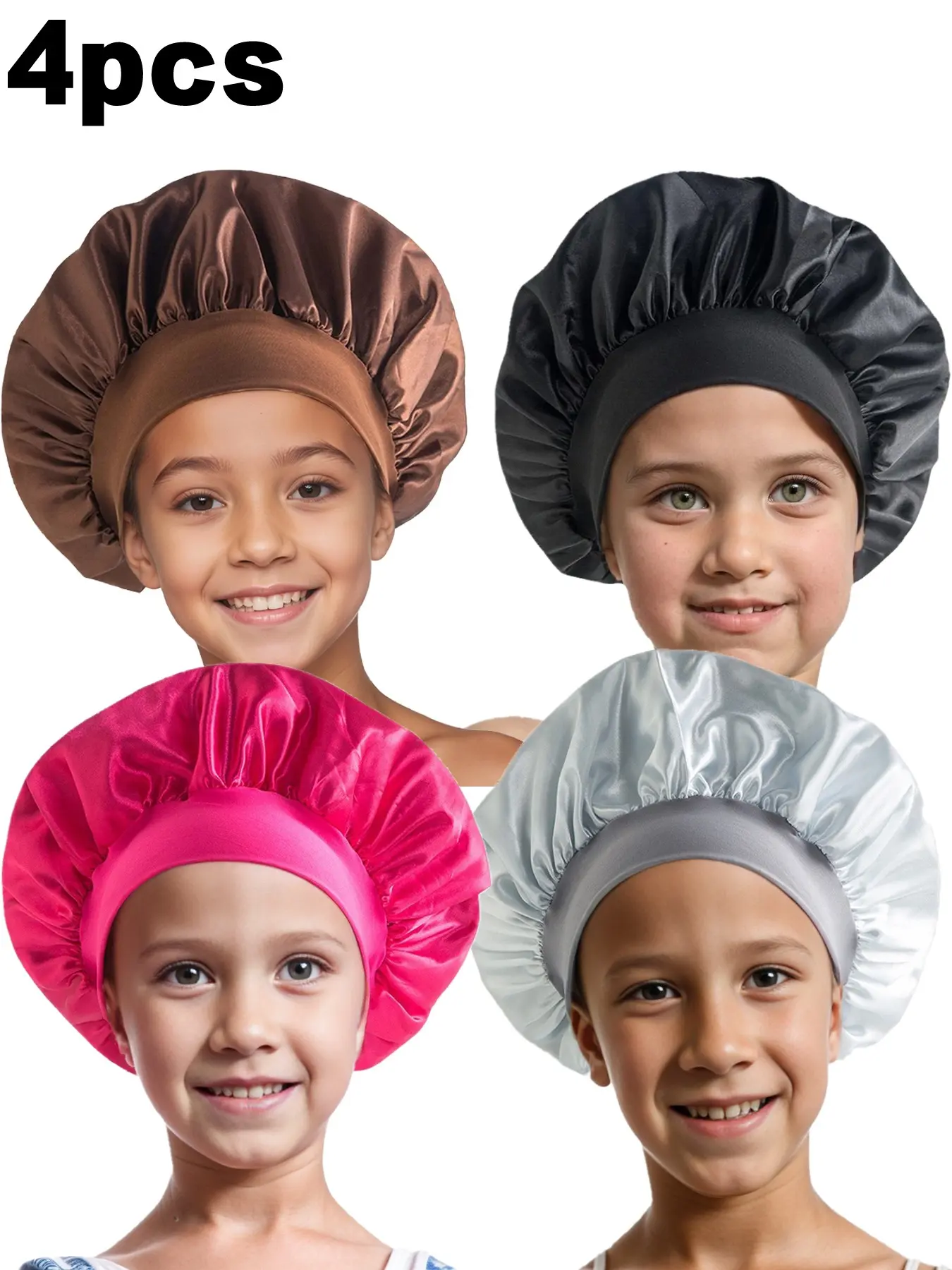 4pcs Plain Color Kids Sleep Caps, Fashionable Adjustable Turban Hats, Soft Comfortable Hair Protection, Nighttime Use, All Seasons