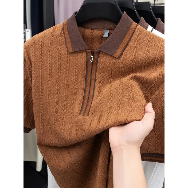 1 PC Men's Polo Knitted Shirt, Polo Shirts - Summer Colorful Zippered Collar Front Collarless Short Sleeve, Casual, breathable, soft and skin-friendly, quick-drying, Suitable for light business and daily commuting