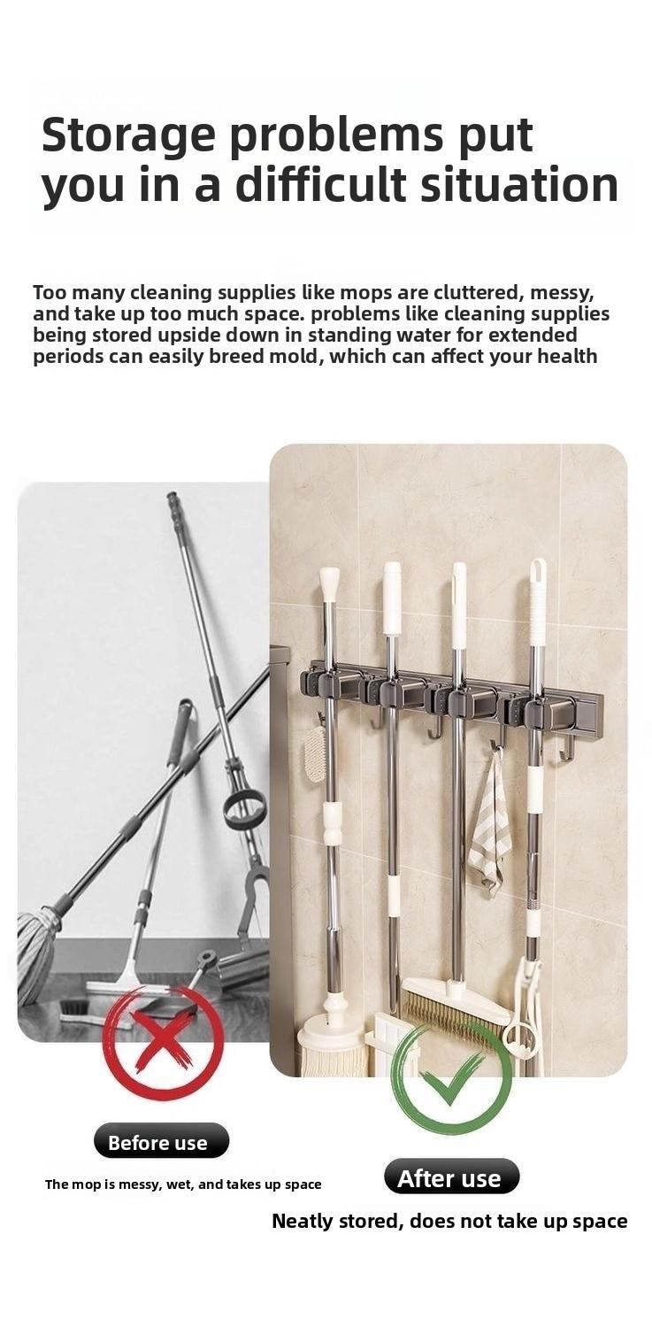 Space aluminum mop holder, no-drill multi-purpose mop hook, multifunctional wall-mounted bathroom broom storage rack