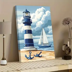 2D Flat  Canvas Wall Art Blue & White Lighthouse Sailboat Beach Nautical Decor, Fade-Resistant Lightweight Hanging Canvas for Living Room Bedroom Bathroom Kids Room Indoor Decoration