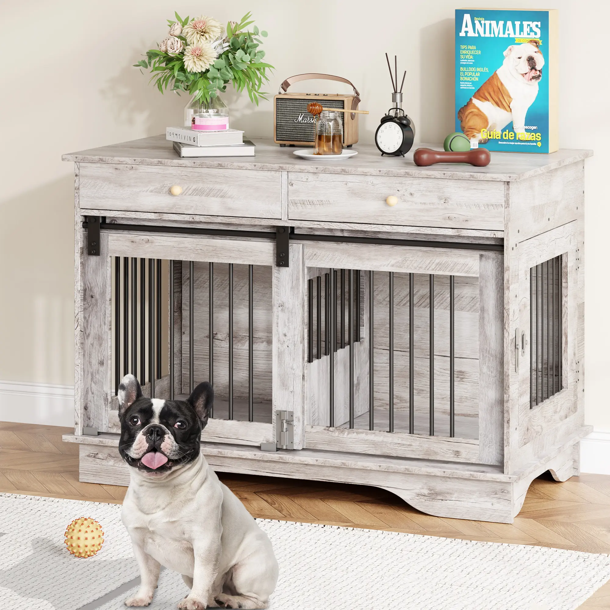 47" Dog Crate with Divider – Furniture Style Wooden Kennel, Removable Panel for Large/Medium/Small Dogs, End Table Crate for Living Room, White