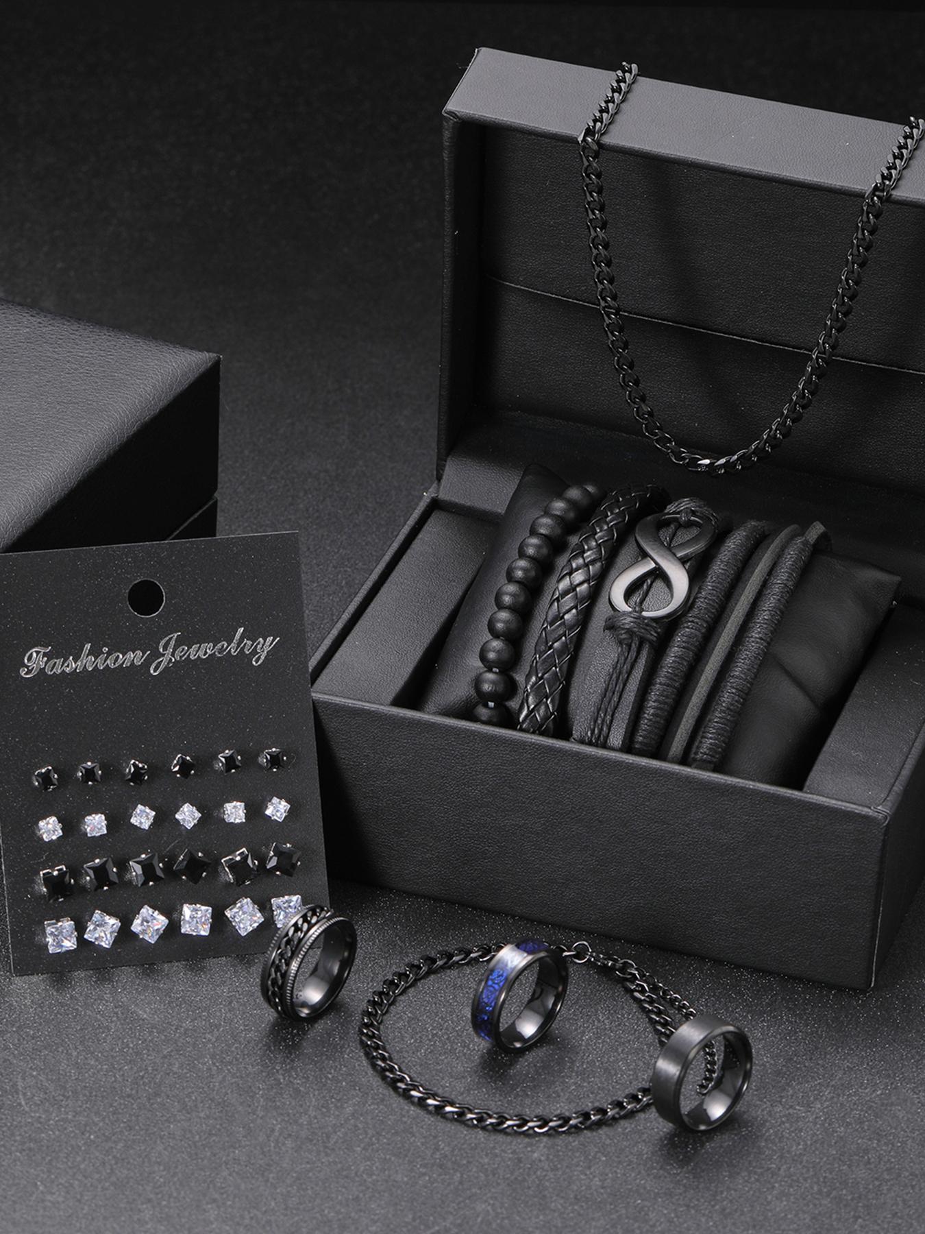 Men's Fashion Jewelry Set, 33 Counts Casual Rhinestone Decor Beaded & Drawstring Design Necklace & Bracelet & Stud Earrings & Rings for Men, Fashion Jewelry for Party, Daily Clothing Decor, Trendy All-match & Exquisite Jewelry for Birthday Gift